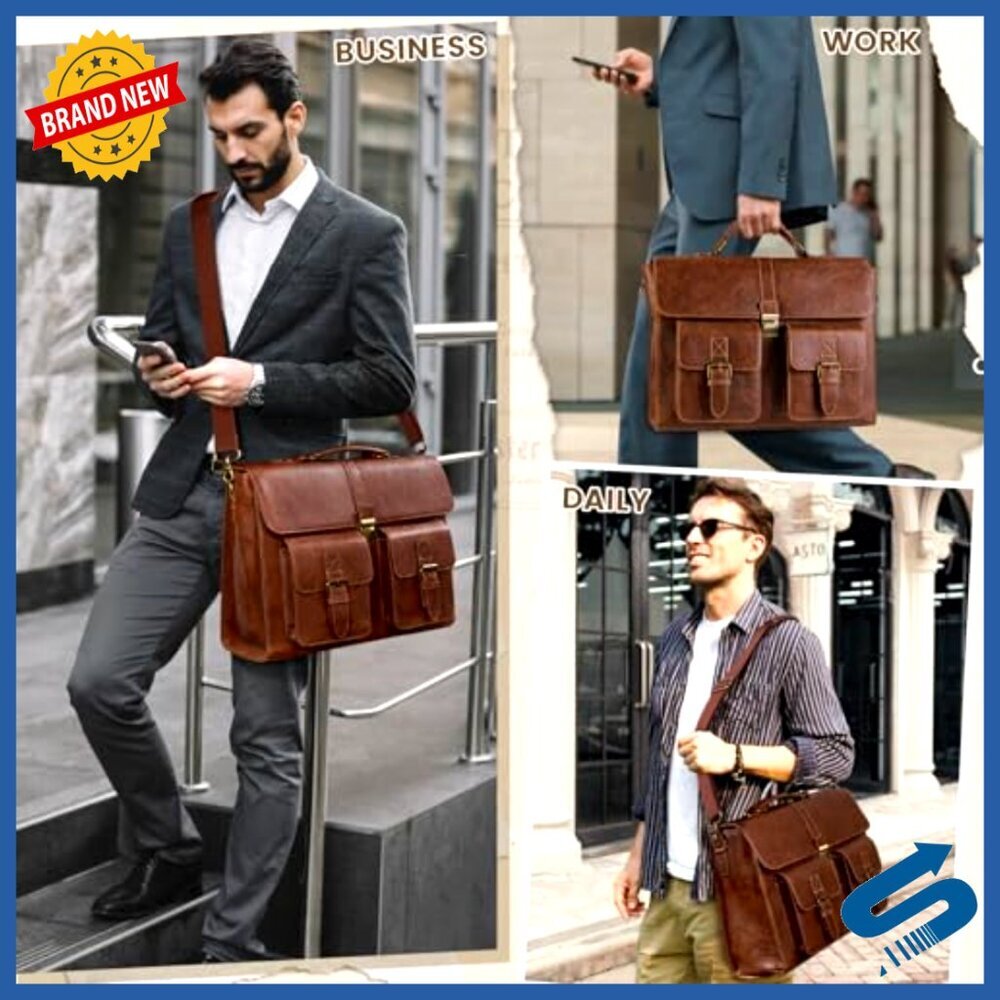 Vintage Leather Messenger Bag Laptop Briefcase Waterproof Office Travel Satchel - Picture 2 of 6